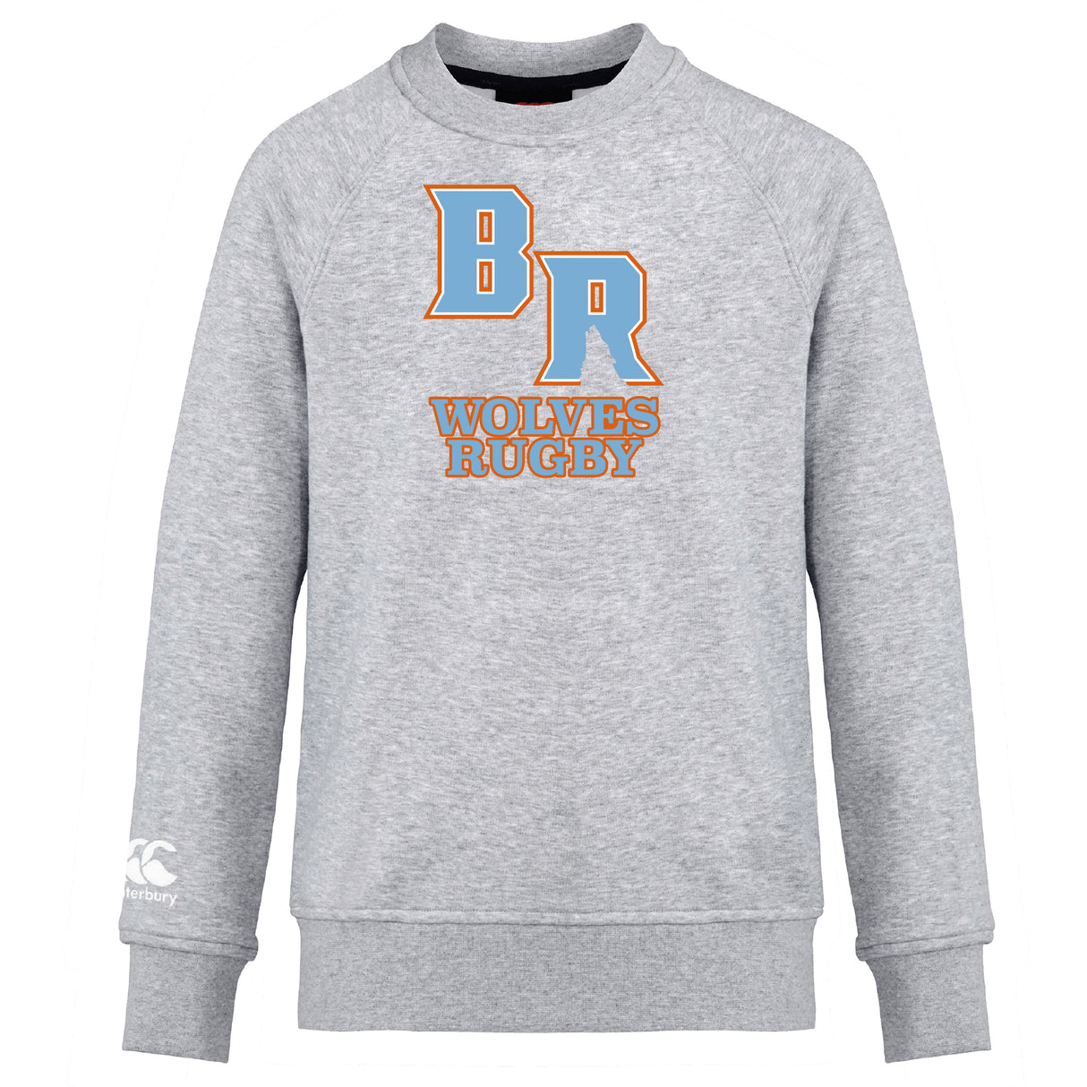 The Ballantyne Ridge Wolves Club Crew Sweatshirt by WRS Canterbury is a light grey, ultra-soft sweatshirt with large "BR" and "Wolves Rugby" on the front, plus an embroidered Canterbury logo on the left sleeve.