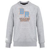 The Ballantyne Ridge Wolves Club Crew Sweatshirt by WRS Canterbury is a light grey, ultra-soft sweatshirt with large "BR" and "Wolves Rugby" on the front, plus an embroidered Canterbury logo on the left sleeve.