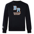 The Ballantyne Ridge Wolves Club Crew Sweatshirt by WRS Canterbury is ultra soft, black, with bold "BR" and "WOLVES RUGBY" on the front, plus an embroidered CCC logo on the left sleeve.