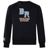 The Ballantyne Ridge Wolves Club Crew Sweatshirt by WRS Canterbury is ultra soft, black, with bold "BR" and "WOLVES RUGBY" on the front, plus an embroidered CCC logo on the left sleeve.