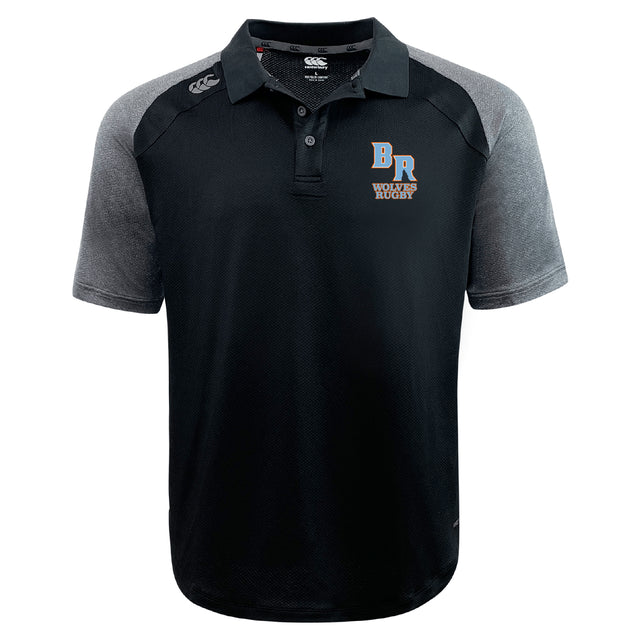 The Ballantyne Ridge Wolves Elite Polo by Canterbury features short sleeves, a black and gray design, "BR Wolves Hockey" on the left chest, and a Canterbury logo on the right shoulder. Lightweight and durable—ideal for any occasion. Brand: EMB Canterbury.