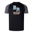 The Ballantyne Ridge Wolves Elite Training Tee by WRS Canterbury features "BR Wolves Rugby" and a wolf silhouette in orange, blue, and white on black and gray Vapodri fabric for cool, lightweight comfort during training.