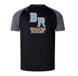 The Ballantyne Ridge Wolves Elite Training Tee by WRS Canterbury features "BR Wolves Rugby" and a wolf silhouette in orange, blue, and white on black and gray Vapodri fabric for cool, lightweight comfort during training.