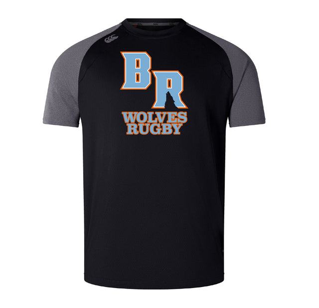 The Ballantyne Ridge Wolves Elite Training Tee by WRS Canterbury features "BR Wolves Rugby" and a wolf silhouette in orange, blue, and white on black and gray Vapodri fabric for cool, lightweight comfort during training.