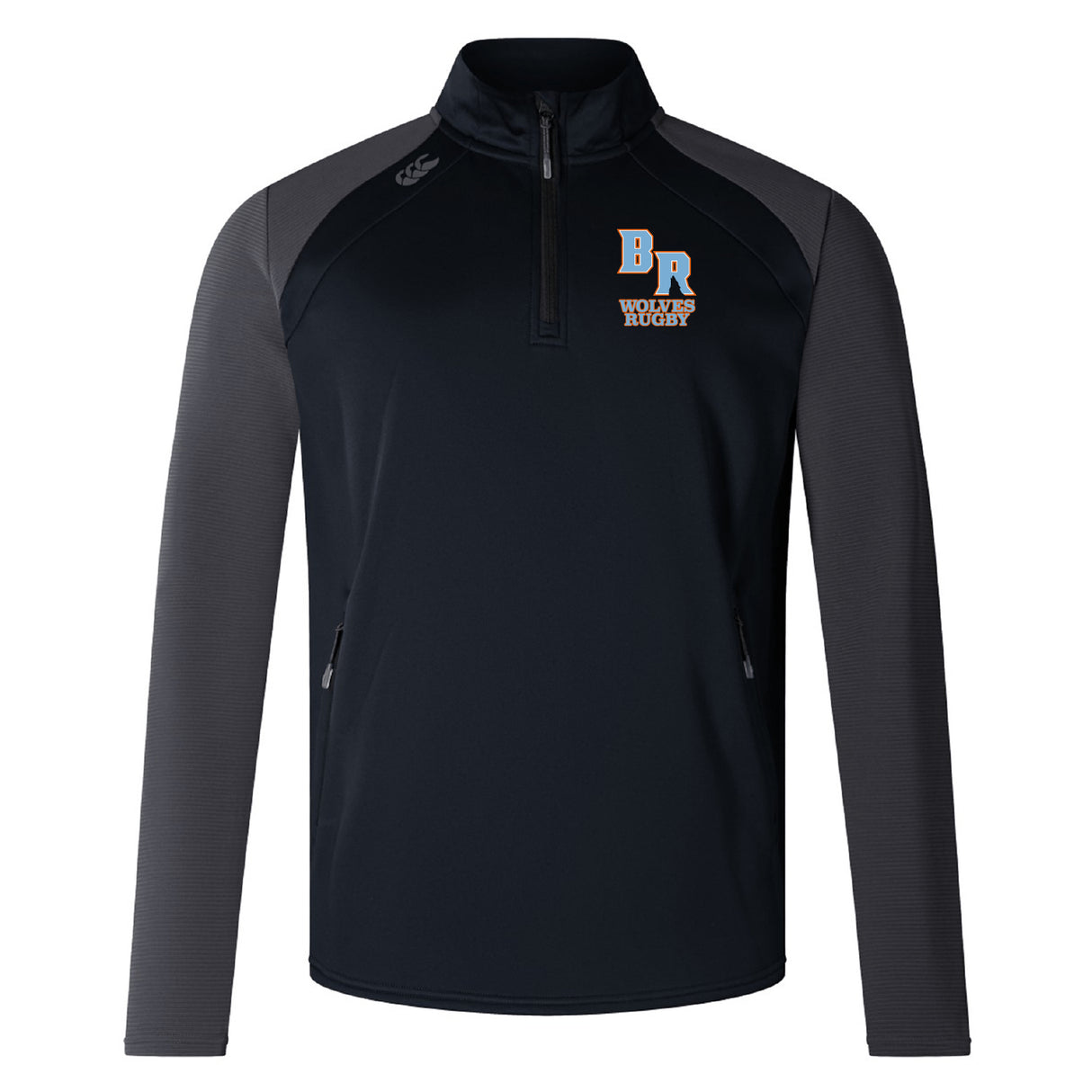 The Ballantyne Ridge Wolves Elite 1/4 Zip Top by EMB Canterbury is a black and dark gray long-sleeve training top with a small "BR Wolves Rugby" logo on the left chest and two zippered side pockets.