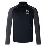The Ballantyne Ridge Wolves Elite 1/4 Zip Top by EMB Canterbury is a black and dark gray long-sleeve training top with a small "BR Wolves Rugby" logo on the left chest and two zippered side pockets.