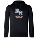 The Ballantyne Ridge Wolves Club Lightweight Hoodie by WRS Canterbury features bold "BR" lettering above "Wolves Rugby" in orange and white on the front, plus a small logo on the left sleeve.