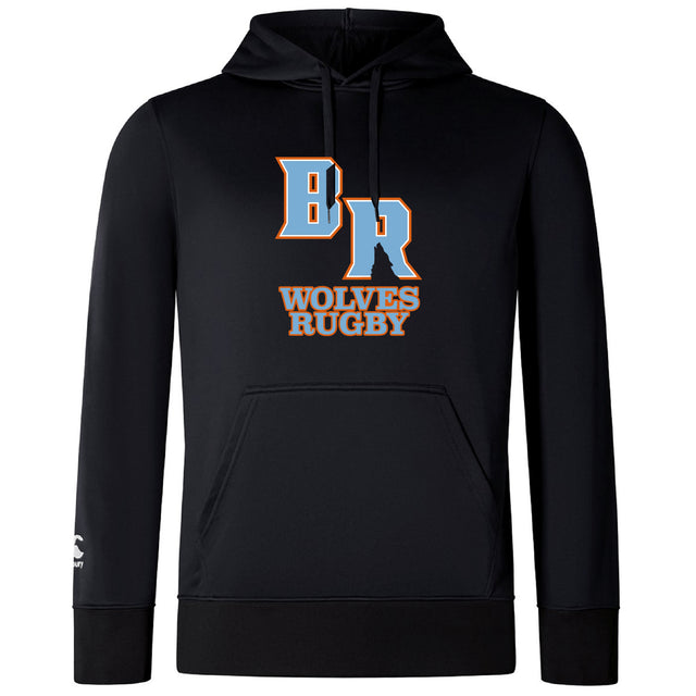 The Ballantyne Ridge Wolves Club Lightweight Hoodie by WRS Canterbury features bold "BR" lettering above "Wolves Rugby" in orange and white on the front, plus a small logo on the left sleeve.