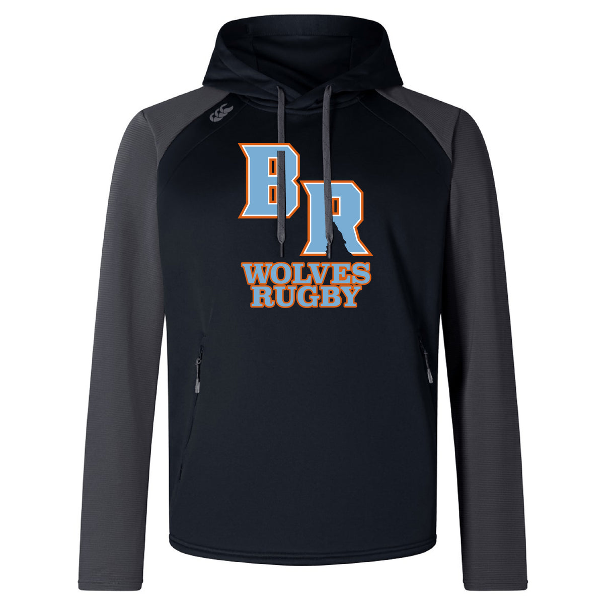 The Ballantyne Ridge Wolves Elite Training Hoody by WRS Canterbury is a black and gray performance hoodie with "BR WOLVES RUGBY" printed on the front, ideal for premium sportswear enthusiasts.