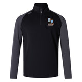 The Ballantyne Ridge Wolves Elite First Layer by EMB Canterbury is a black and gray long-sleeve rugby top with a quarter-zip, featuring the "BR Midwest Rugby" logo and VapoDri tech for quick-drying comfort during training.