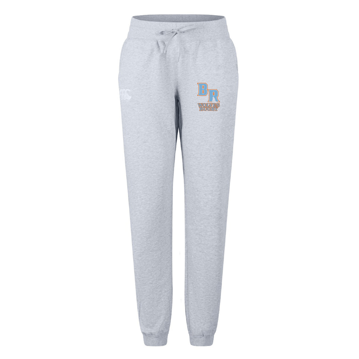 The Ballantyne Ridge Wolves Women's Leisure Sweatpant by EMB Canterbury features a light gray color, drawstring waist, elastic cuffs, and "BR" with "WOLVES" in blue and gold on the left thigh—ideal for sporty style or relaxing comfort.
