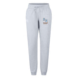 The Ballantyne Ridge Wolves Women's Leisure Sweatpant by EMB Canterbury features a light gray color, drawstring waist, elastic cuffs, and "BR" with "WOLVES" in blue and gold on the left thigh—ideal for sporty style or relaxing comfort.