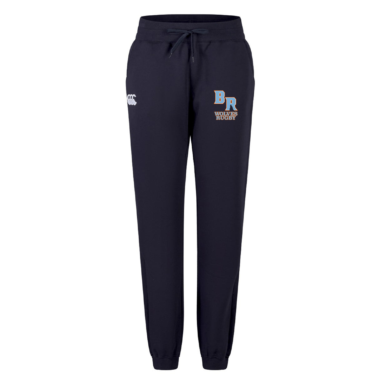 The Ballantyne Ridge Wolves Women's Leisure Sweatpant by Canterbury features a navy jogger style, drawstring waist, "BR Wolves Rugby" logo on the left thigh, and a white EMB Canterbury logo on the right thigh.