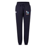 The Ballantyne Ridge Wolves Women's Leisure Sweatpant by Canterbury features a navy jogger style, drawstring waist, "BR Wolves Rugby" logo on the left thigh, and a white EMB Canterbury logo on the right thigh.