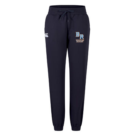 The Ballantyne Ridge Wolves Women's Leisure Sweatpant by Canterbury features a navy jogger style, drawstring waist, "BR Wolves Rugby" logo on the left thigh, and a white EMB Canterbury logo on the right thigh.
