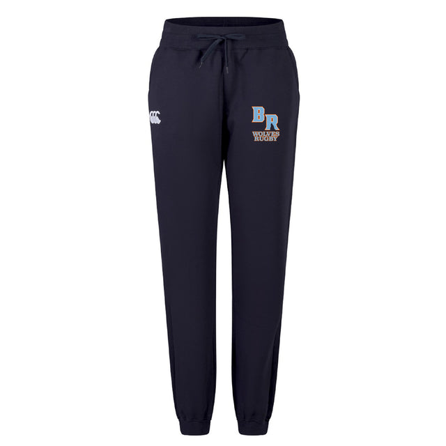 The Ballantyne Ridge Wolves Women's Leisure Sweatpant by Canterbury features a navy jogger style, drawstring waist, "BR Wolves Rugby" logo on the left thigh, and a white EMB Canterbury logo on the right thigh.