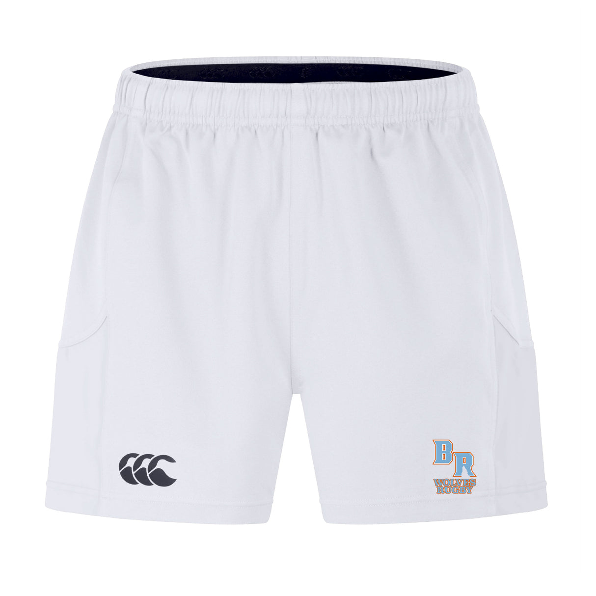 The Ballantyne Ridge Wolves Advantage Short 2.0 by EMB Canterbury features an elastic waistband, black and blue embroidered logos, and side pockets—sustainable athletic shorts for ultimate comfort during training.