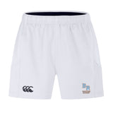 The Ballantyne Ridge Wolves Advantage Short 2.0 by EMB Canterbury features an elastic waistband, black and blue embroidered logos, and side pockets—sustainable athletic shorts for ultimate comfort during training.