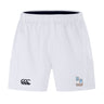 The Ballantyne Ridge Wolves Advantage Short 2.0 by EMB Canterbury features an elastic waistband, black and blue embroidered logos, and side pockets—sustainable athletic shorts for ultimate comfort during training.