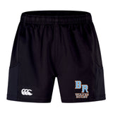 The Ballantyne Ridge Wolves Advantage Short 2.0 by EMB Canterbury features an elastic waistband, a Canterbury logo on the left leg, and a "BR Wolves Rugby" logo on the right leg.