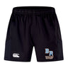 The Ballantyne Ridge Wolves Advantage Short 2.0 by EMB Canterbury features an elastic waistband, a Canterbury logo on the left leg, and a "BR Wolves Rugby" logo on the right leg.