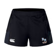 The Ballantyne Ridge Wolves Women's Advantage Short 2.0 by EMB Canterbury features black recycled fabric, blue side panels, a white CCC logo on the left leg, and "BR Wolves Rugby" text with logo on the right.