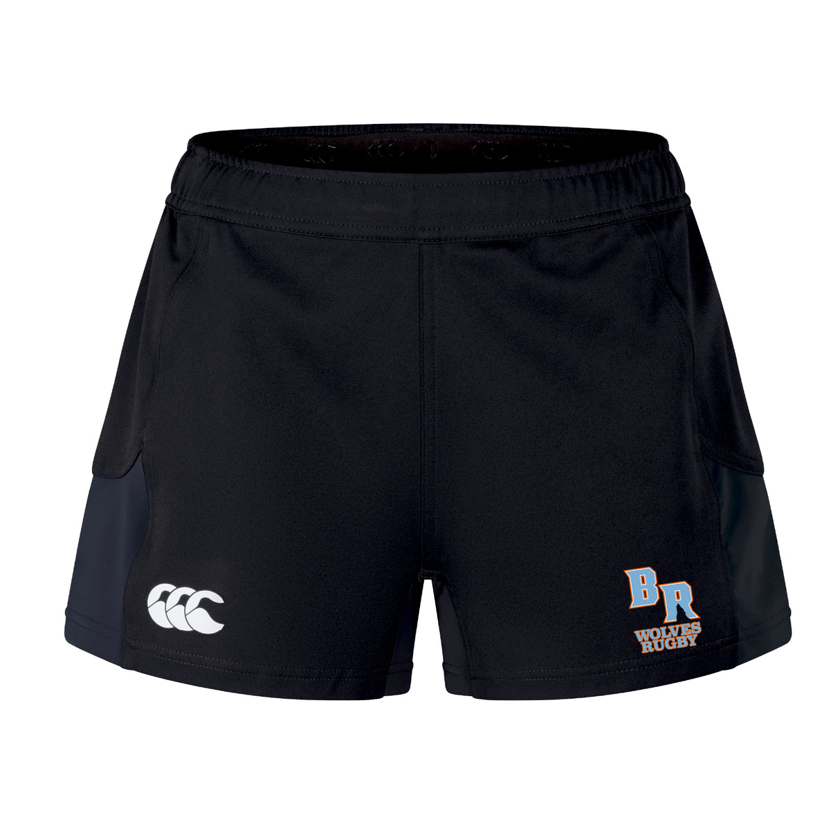 The Ballantyne Ridge Wolves Women's Advantage Short 2.0 by EMB Canterbury features black recycled fabric, blue side panels, a white CCC logo on the left leg, and "BR Wolves Rugby" text with logo on the right.