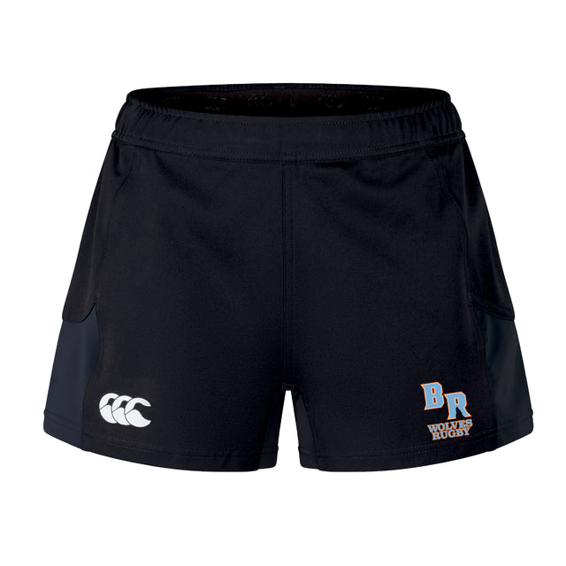The Ballantyne Ridge Wolves Women's Advantage Short 2.0 by EMB Canterbury features black recycled fabric, blue side panels, a white CCC logo on the left leg, and "BR Wolves Rugby" text with logo on the right.