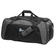 The Ballantyne Ridge Wolves Holdall Duffle Bag by EMB Canterbury features a water-repellent black and gray design, shoulder strap, side compartments, and orange/white embroidery—ideal as a durable rugby bag.