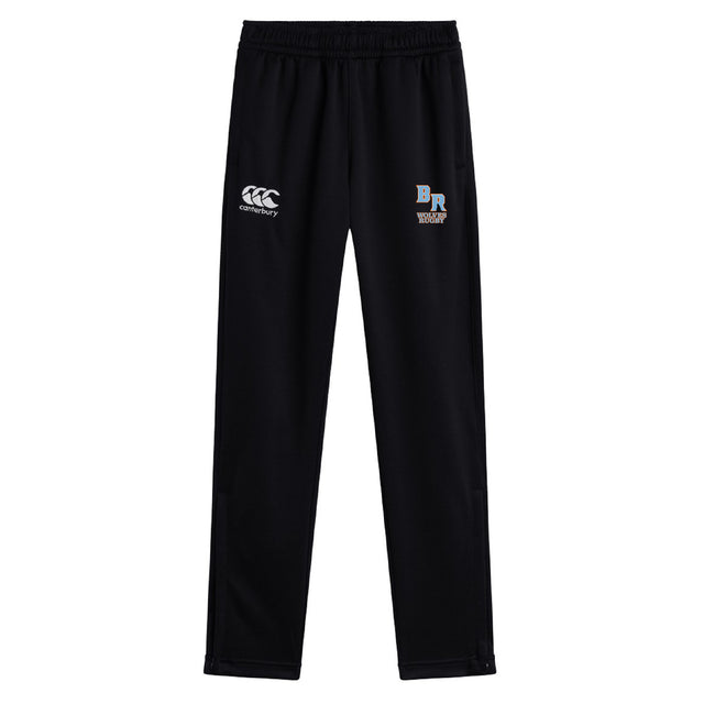 The Ballantyne Ridge Wolves Stretch Tapered Pant by EMB Canterbury features an elastic waistband, Canterbury logo (left), "BR Rugby" logo (right thigh), and quick dry finish for high-performance men's workouts.