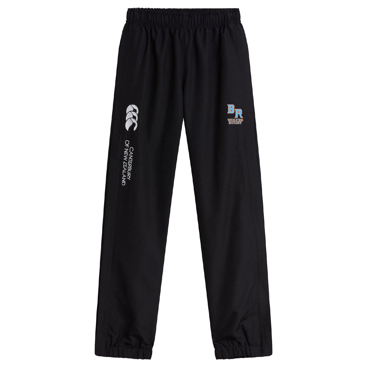 The Ballantyne Ridge Wolves Cuffed Hem Stadium Pant by Canterbury features an elastic waistband and logos on each thigh—ideal for rugby fans. Shown on a white background. Brand: EMB Canterbury.