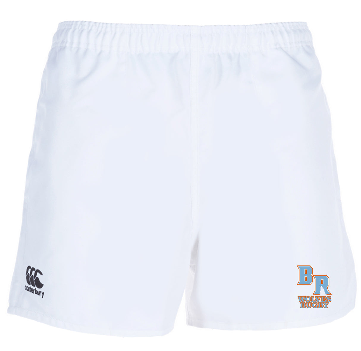 The EMB Canterbury Ballantyne Ridge Wolves Professional Polyester Rugby Short features an elastic waistband, a black Canterbury logo on the left leg, and a blue and gold "BR Women's Rugby" logo on the right.
