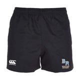The Ballantyne Ridge Wolves Professional Polyester Rugby Short by EMB Canterbury features an elastic waistband, pockets, the Canterbury logo on the left leg, and the "BR Wolves Rugby" logo on the right.