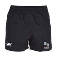 The Ballantyne Ridge Wolves Advantage Rugby Shorts by EMB Canterbury feature an elastic waistband, moisture-wicking fabric, the Canterbury logo on the left leg, and BR Wolves Rugby logo on the right, designed for comfort.