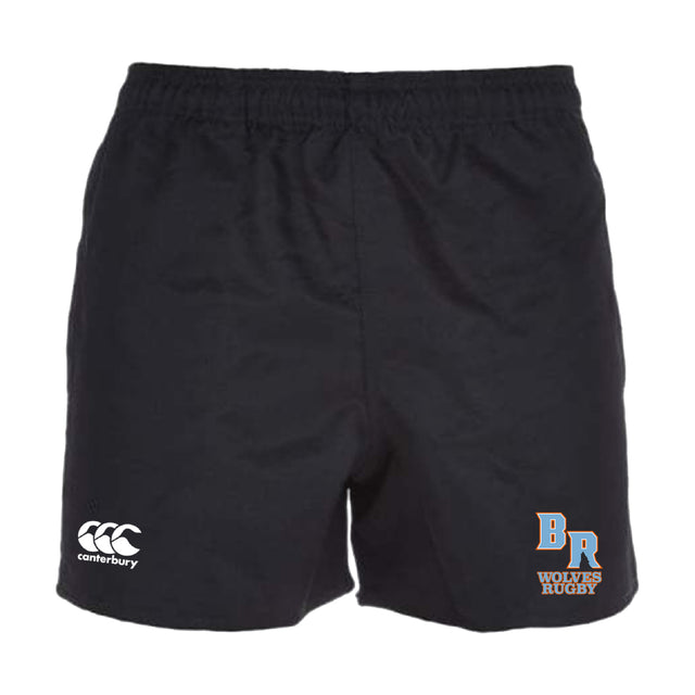 The Ballantyne Ridge Wolves Advantage Rugby Shorts by EMB Canterbury feature an elastic waistband, moisture-wicking fabric, the Canterbury logo on the left leg, and BR Wolves Rugby logo on the right, designed for comfort.