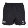 The Ballantyne Ridge Wolves Advantage Rugby Shorts by EMB Canterbury feature an elastic waistband, moisture-wicking fabric, the Canterbury logo on the left leg, and BR Wolves Rugby logo on the right, designed for comfort.