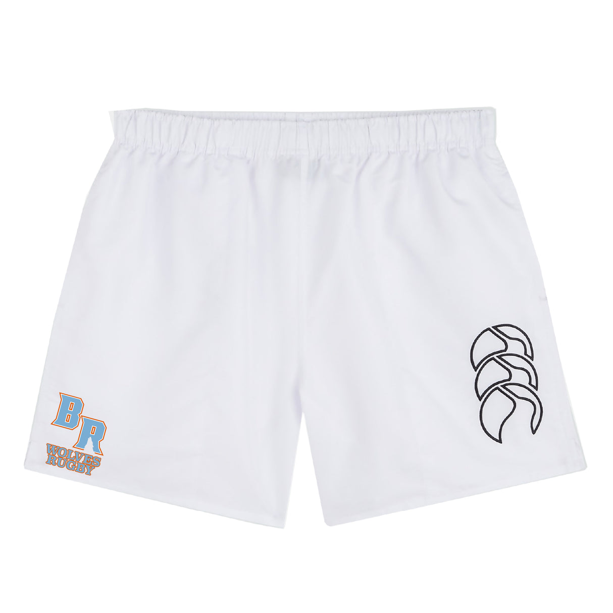 The Ballantyne Ridge Wolves Tactic Short by EMB Canterbury features an elastic waistband, a bold black logo on the right leg, and "BR VOLLEYBALL WOOD CUP" in blue and gold on the left—ideal for fans of rugby shorts style.