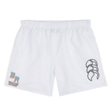 The Ballantyne Ridge Wolves Tactic Short by EMB Canterbury features an elastic waistband, a bold black logo on the right leg, and "BR VOLLEYBALL WOOD CUP" in blue and gold on the left—ideal for fans of rugby shorts style.