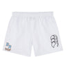 The Ballantyne Ridge Wolves Tactic Short by EMB Canterbury features an elastic waistband, a bold black logo on the right leg, and "BR VOLLEYBALL WOOD CUP" in blue and gold on the left—ideal for fans of rugby shorts style.