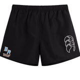 The Ballantyne Ridge Wolves Tactic Short by EMB Canterbury features a white curved logo on the right leg and "BR WOLVES RUGBY" in blue and orange on the left, making them perfect men's rugby shorts for practice or games.