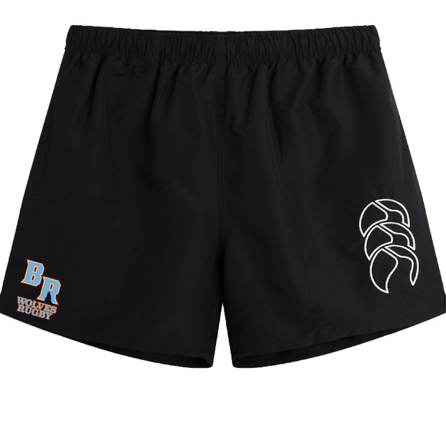 The Ballantyne Ridge Wolves Tactic Short by EMB Canterbury features a white curved logo on the right leg and "BR WOLVES RUGBY" in blue and orange on the left, making them perfect men's rugby shorts for practice or games.