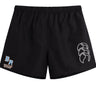 The Ballantyne Ridge Wolves Tactic Short by EMB Canterbury features a white curved logo on the right leg and "BR WOLVES RUGBY" in blue and orange on the left, making them perfect men's rugby shorts for practice or games.