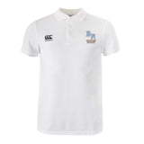 The Ballantyne Ridge Wolves Waimak Polo by EMB Canterbury is a white short-sleeve rugby polo with a collar, three buttons, and two embroidered chest logos.
