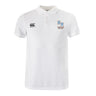 The Ballantyne Ridge Wolves Waimak Polo by EMB Canterbury is a white short-sleeve rugby polo with a collar, three buttons, and two embroidered chest logos.