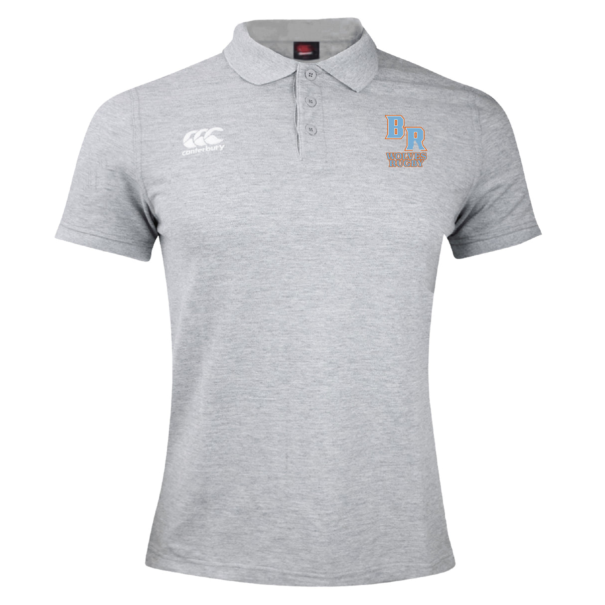 Light grey short-sleeve men's polo with collar, three buttons, white EMB Canterbury logo, and "Ballantyne Ridge Wolves" crest—classic style from the Ballantyne Ridge Wolves Waimak Polo by Canterbury.