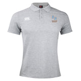Light grey short-sleeve men's polo with collar, three buttons, white EMB Canterbury logo, and "Ballantyne Ridge Wolves" crest—classic style from the Ballantyne Ridge Wolves Waimak Polo by Canterbury.
