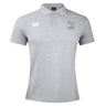 Light grey short-sleeve men's polo with collar, three buttons, white EMB Canterbury logo, and "Ballantyne Ridge Wolves" crest—classic style from the Ballantyne Ridge Wolves Waimak Polo by Canterbury.
