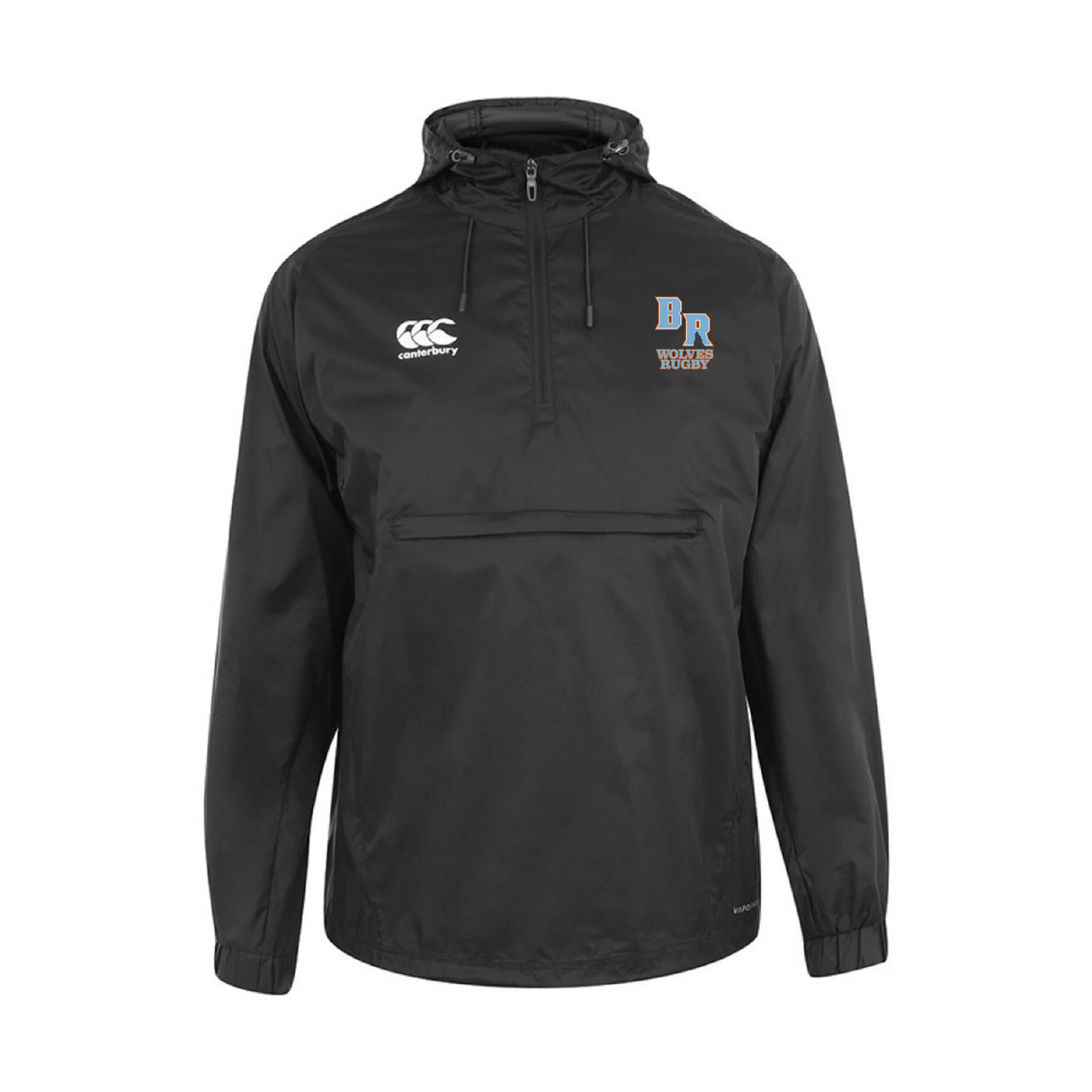 The Ballantyne Ridge Wolves Packaway Jacket by Canterbury features a black hood, front zipper pocket, elastic cuffs, "BR Rugby" logo on the left chest, water-resistant fabric, and the EMB Canterbury logo on the right chest.
