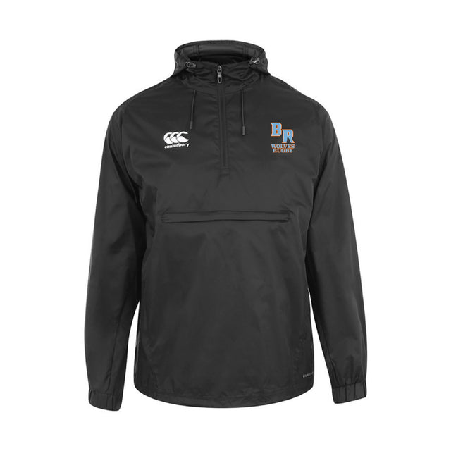 The Ballantyne Ridge Wolves Packaway Jacket by Canterbury features a black hood, front zipper pocket, elastic cuffs, "BR Rugby" logo on the left chest, water-resistant fabric, and the EMB Canterbury logo on the right chest.