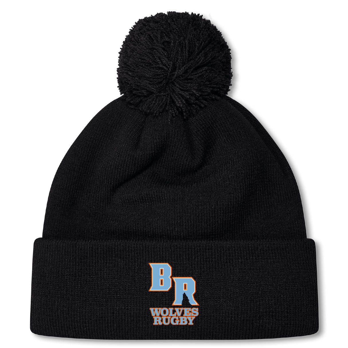 The Ballantyne Ridge Wolves Pom Pom Beanie by EMB Canterbury features a black knit design with cozy fleece lining and "BR Wolves Rugby" embroidered in blue and orange on the front cuff.